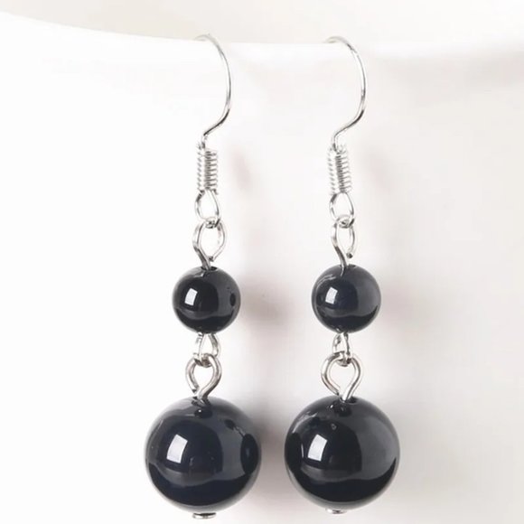 Black Obsidian Natural Stone Gemstone Round Beaded Healing Dangle Earrings - Picture 2 of 2